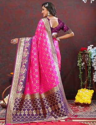 Pink & Purple Soft Patola Silk Blend Meenakri Weawing Motifs And Rich Zari Weawing Saree With Blouse For Women 4
