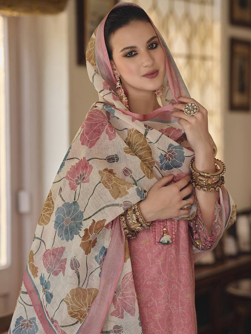  Peach Linen Cotton Fabric Embroidered work Straight cut Kurta with Cotton Lining, Pant and Dupatta Set