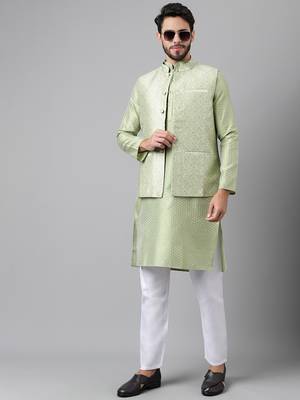 Mehandi green weaving work jacquard silk kurta koti set with pyjama 1