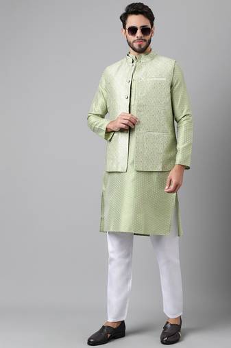 Mehandi green weaving work jacquard silk kurta koti set with pyjama