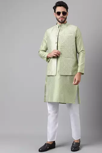 Mehandi green weaving work jacquard silk kurta koti set with pyjama