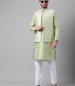 Mehandi green weaving work jacquard silk kurta koti set with pyjama