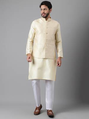 Light beige weaving work jacquard silk kurta koti set with pyjama 2