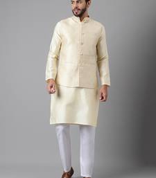 Light beige weaving work jacquard silk kurta koti set with pyjama
