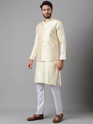 Light beige weaving work jacquard silk kurta koti set with pyjama 3