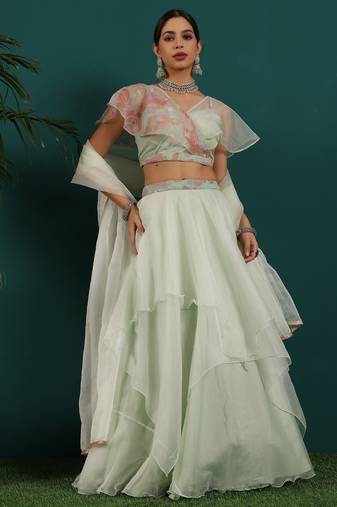Ready To Wear Green Organza Embroidered Lehenga Set