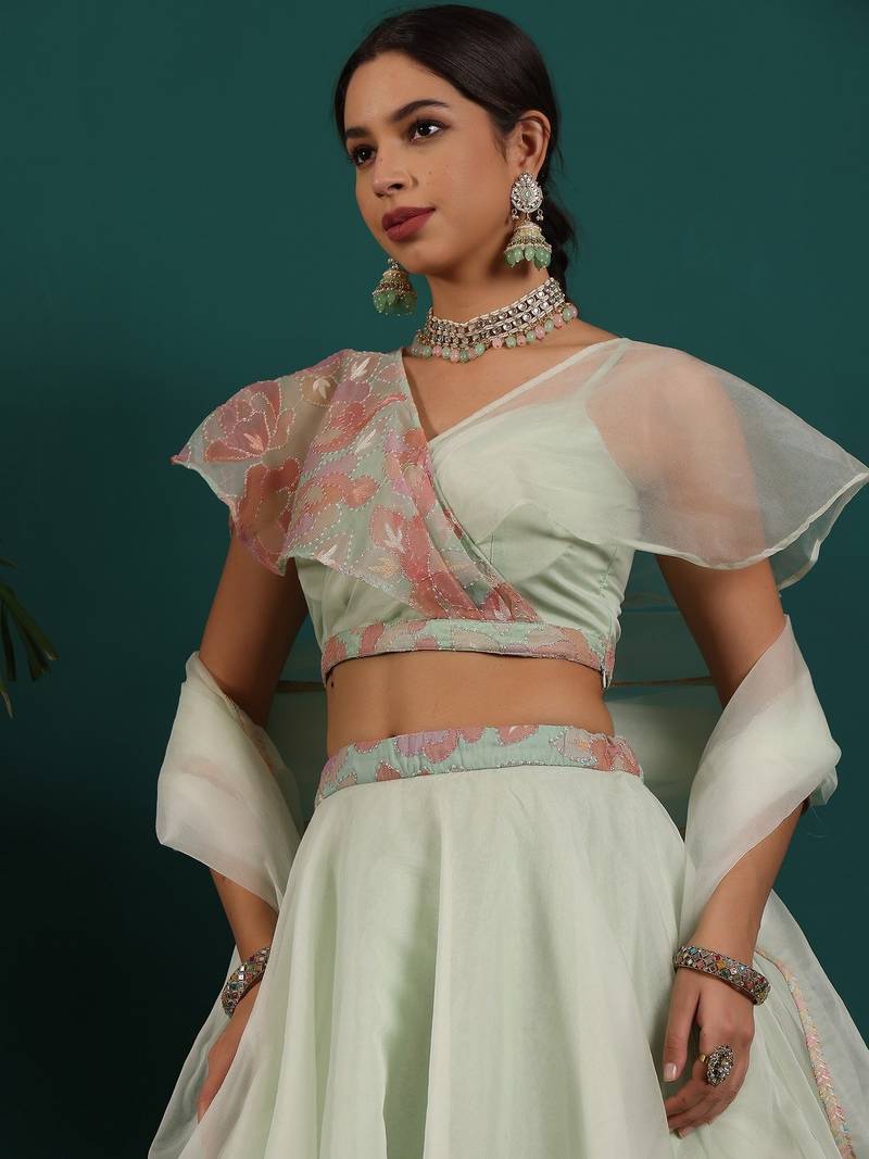 Ready To Wear Green Organza Embroidered Lehenga Set