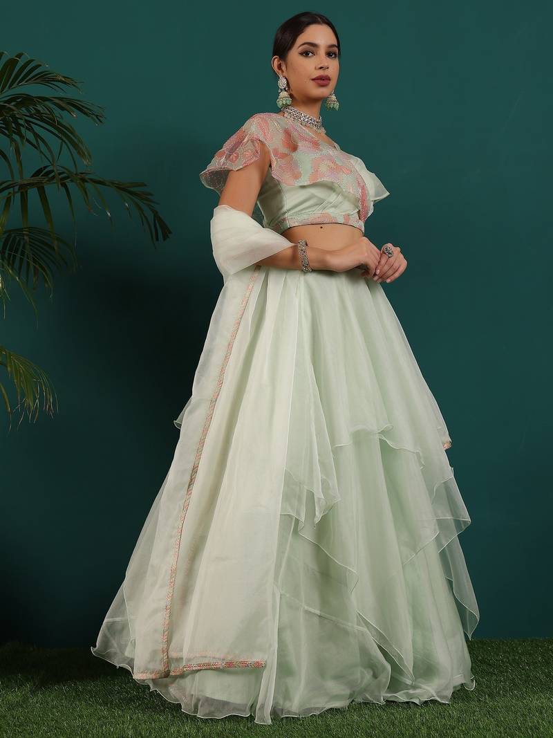 Ready To Wear Green Organza Embroidered Lehenga Set