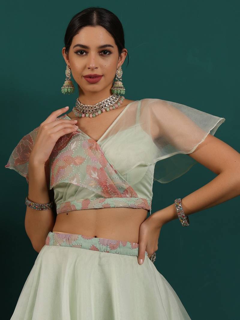 Ready To Wear Green Organza Embroidered Lehenga Set