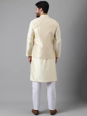 Light beige weaving work jacquard silk kurta koti set with pyjama 4