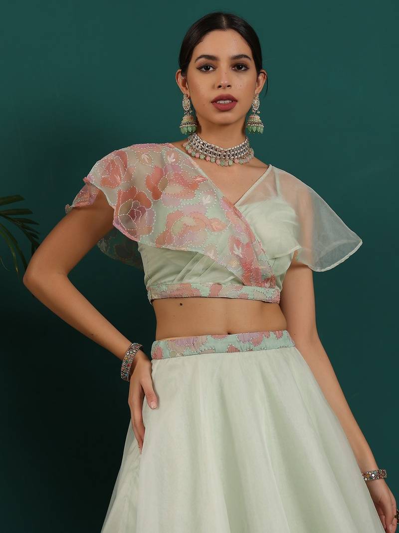 Ready To Wear Green Organza Embroidered Lehenga Set