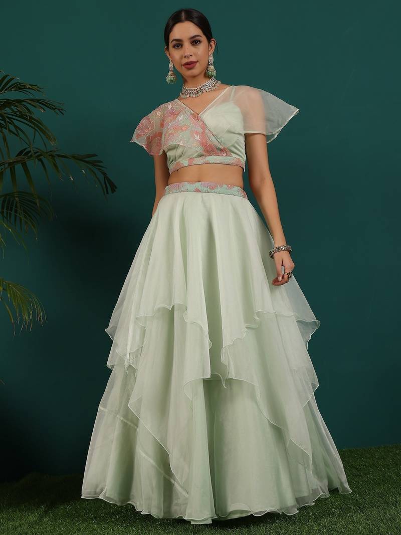 Ready To Wear Green Organza Embroidered Lehenga Set