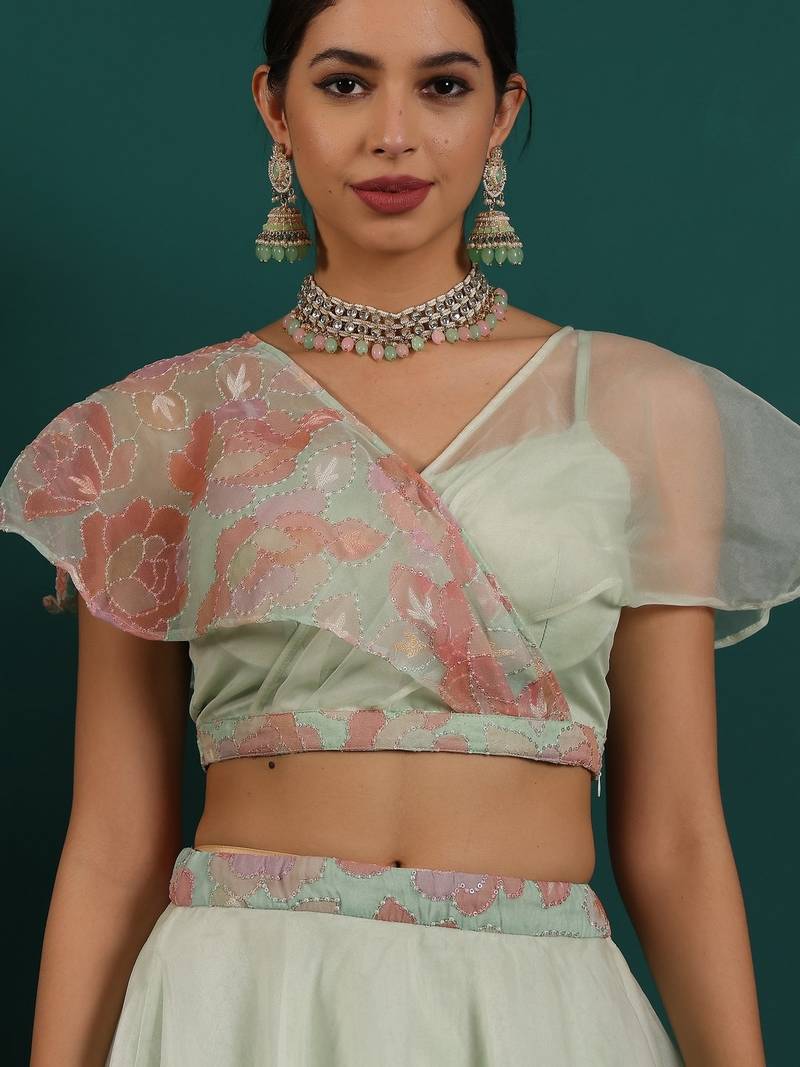Ready To Wear Green Organza Embroidered Lehenga Set