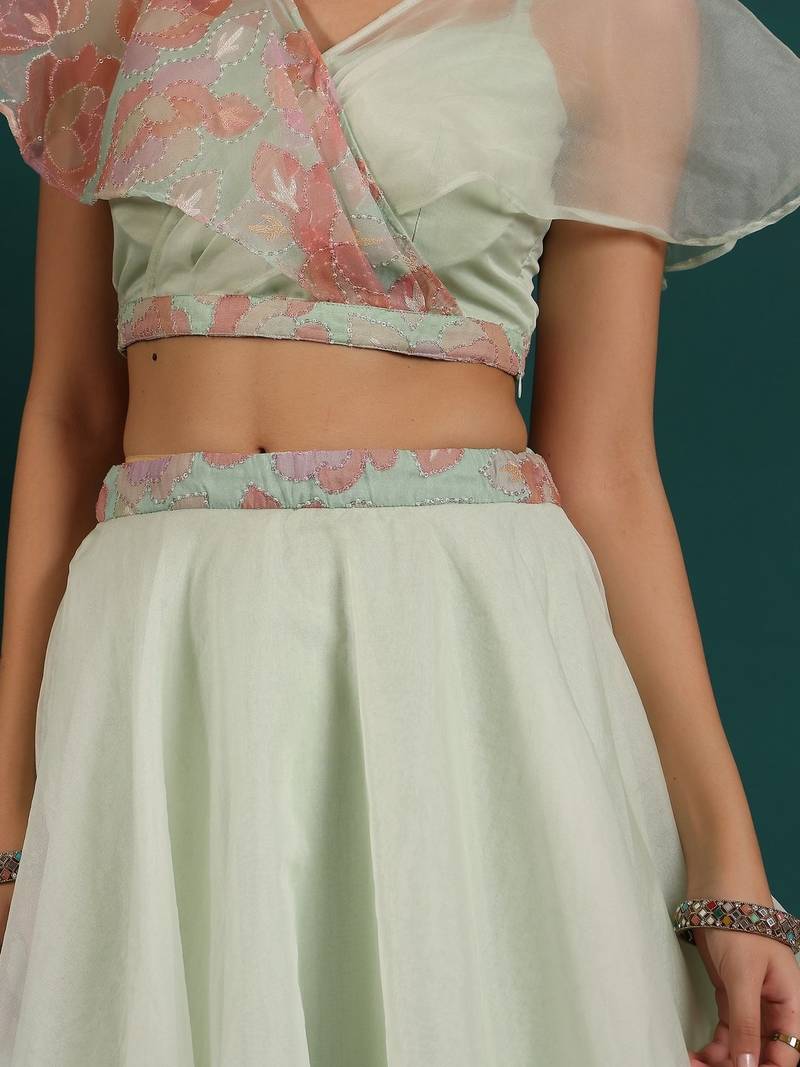 Ready To Wear Green Organza Embroidered Lehenga Set