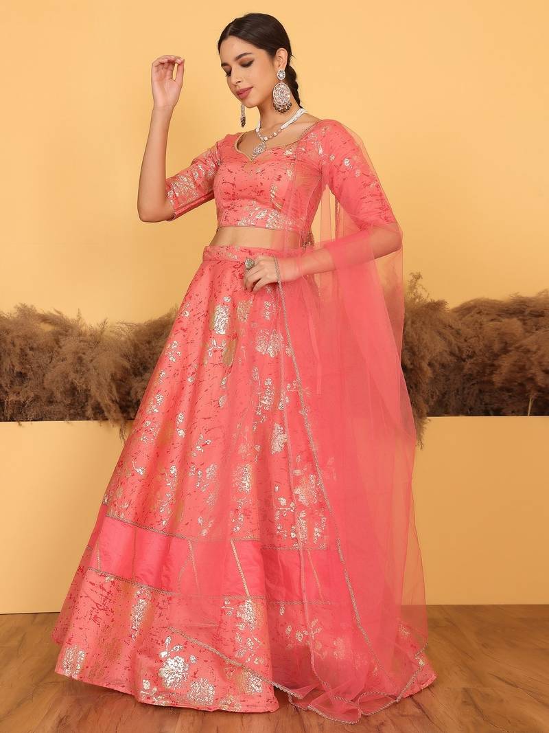 Ready To Wear Pink Art Silk Foli Print Lehenga Set