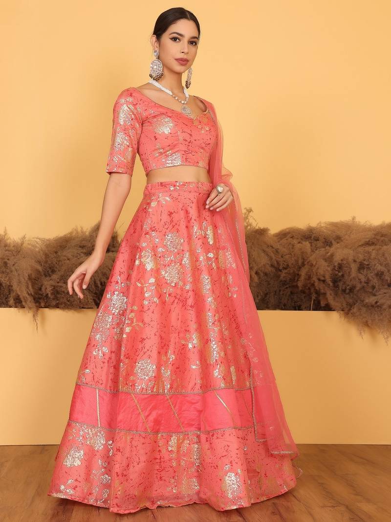 Ready To Wear Pink Art Silk Foli Print Lehenga Set