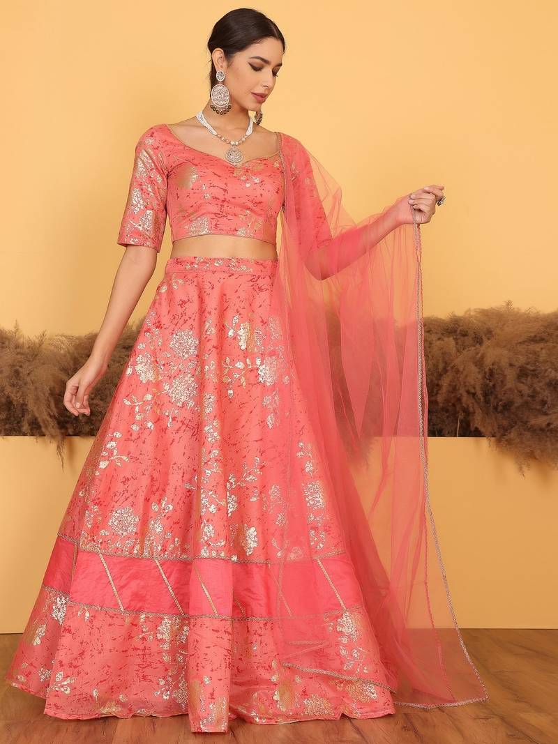 Ready To Wear Pink Art Silk Foli Print Lehenga Set