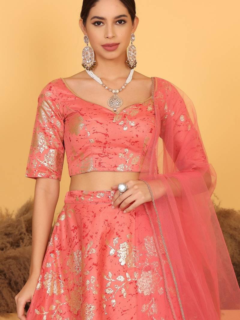 Ready To Wear Pink Art Silk Foli Print Lehenga Set