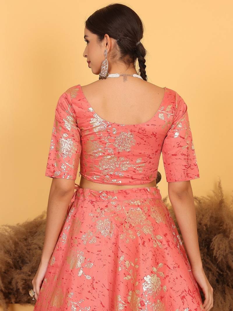 Ready To Wear Pink Art Silk Foli Print Lehenga Set
