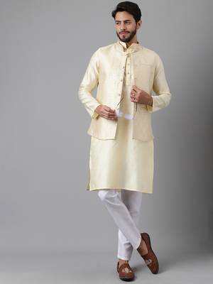 Light beige weaving work jacquard silk kurta koti set with pyjama 1