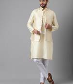 Light beige weaving work jacquard silk kurta koti set with pyjama