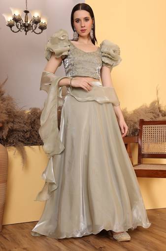 Ready To Wear Beige Embroidery Art Silk Lehenga Set