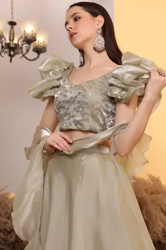Ready To Wear Beige Embroidery Art Silk Lehenga Set