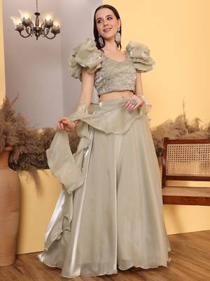Ready To Wear Beige Embroidery Art Silk Lehenga Set 3