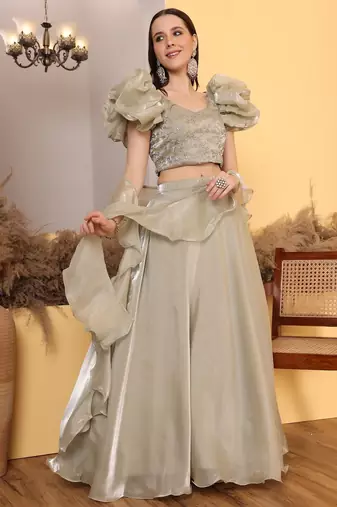 Ready To Wear Beige Embroidery Art Silk Lehenga Set