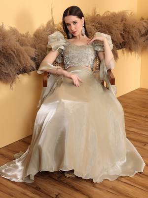 Ready To Wear Beige Embroidery Art Silk Lehenga Set 4
