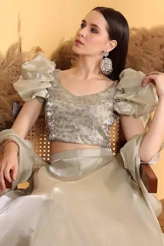 Ready To Wear Beige Embroidery Art Silk Lehenga Set
