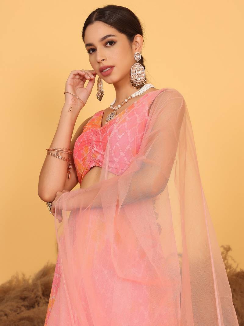 Ready To Wear Pink Digital Printed Chinon Lehenga Set