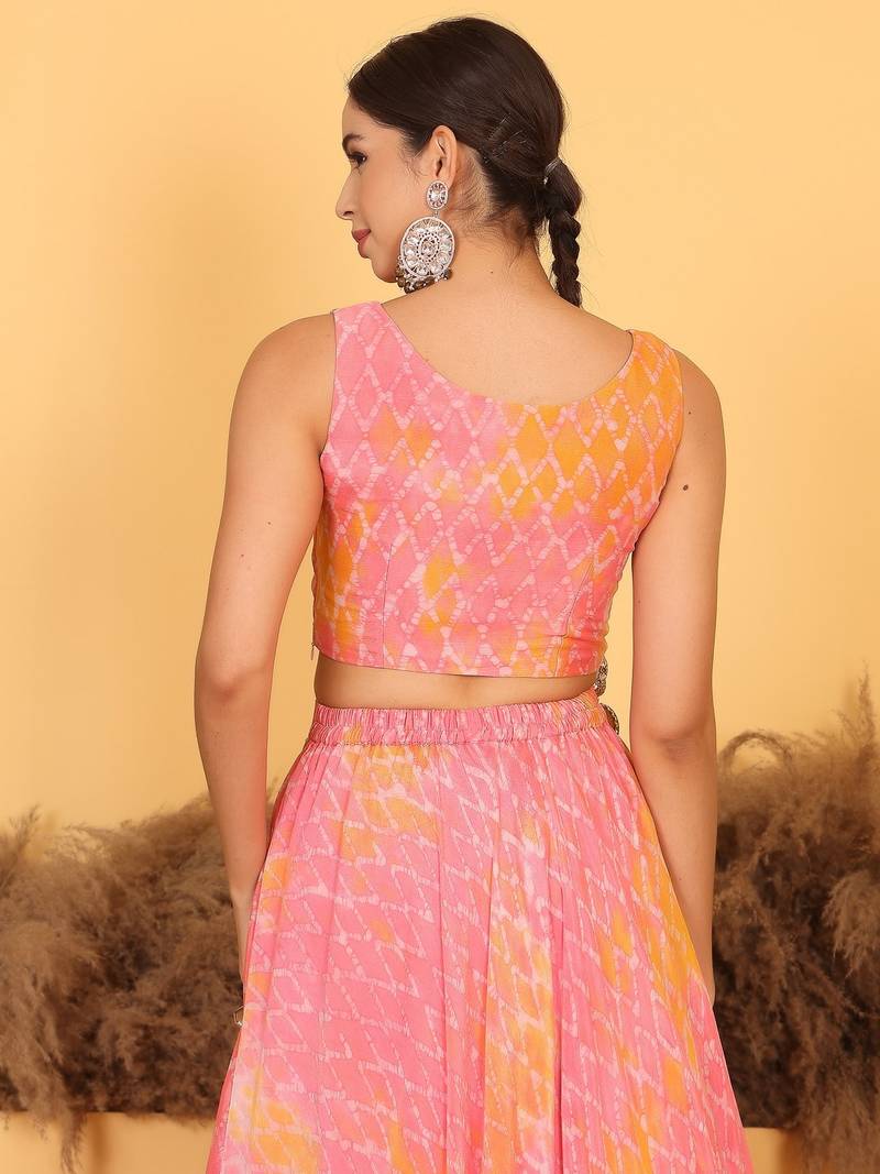 Ready To Wear Pink Digital Printed Chinon Lehenga Set