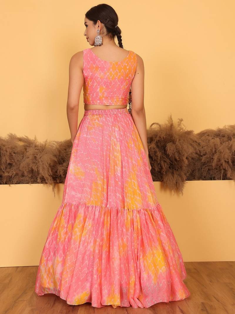 Ready To Wear Pink Digital Printed Chinon Lehenga Set