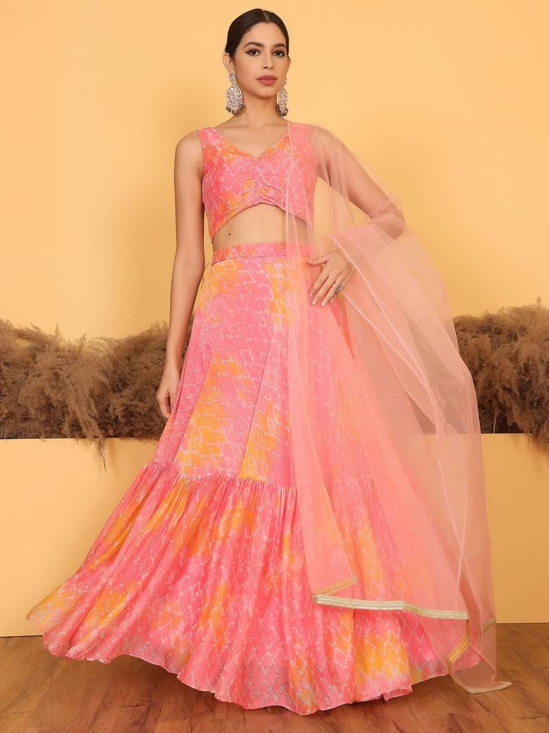 Ready To Wear Pink Digital Printed Chinon Lehenga Set
