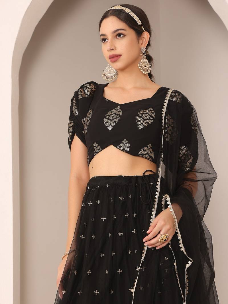 Ready To Wear Black Georgette Embroidered Lehenga Set