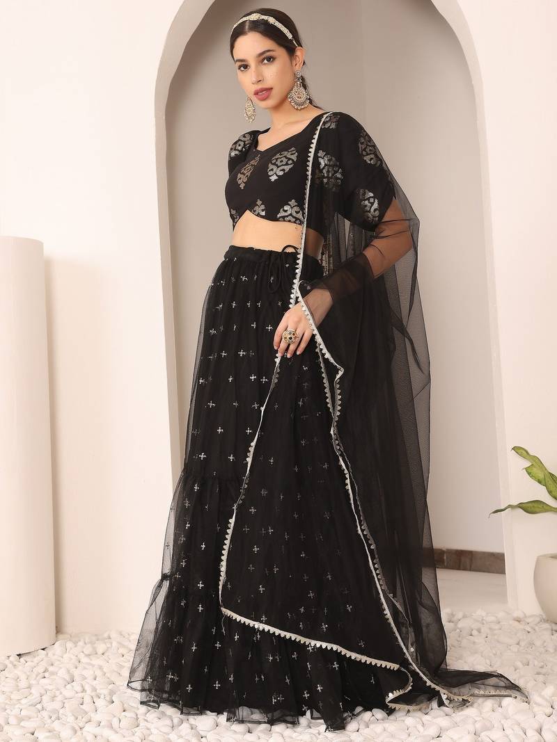 Ready To Wear Black Georgette Embroidered Lehenga Set