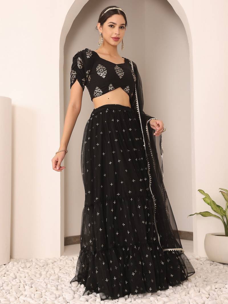 Ready To Wear Black Georgette Embroidered Lehenga Set