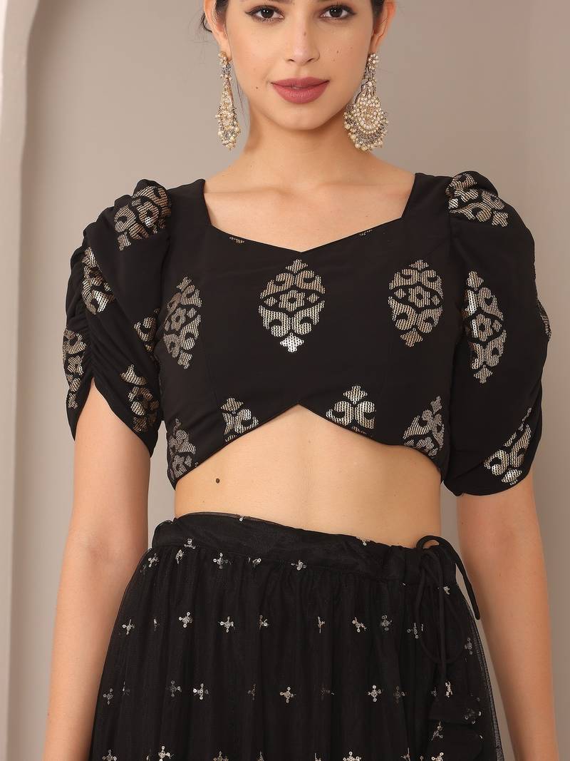 Ready To Wear Black Georgette Embroidered Lehenga Set