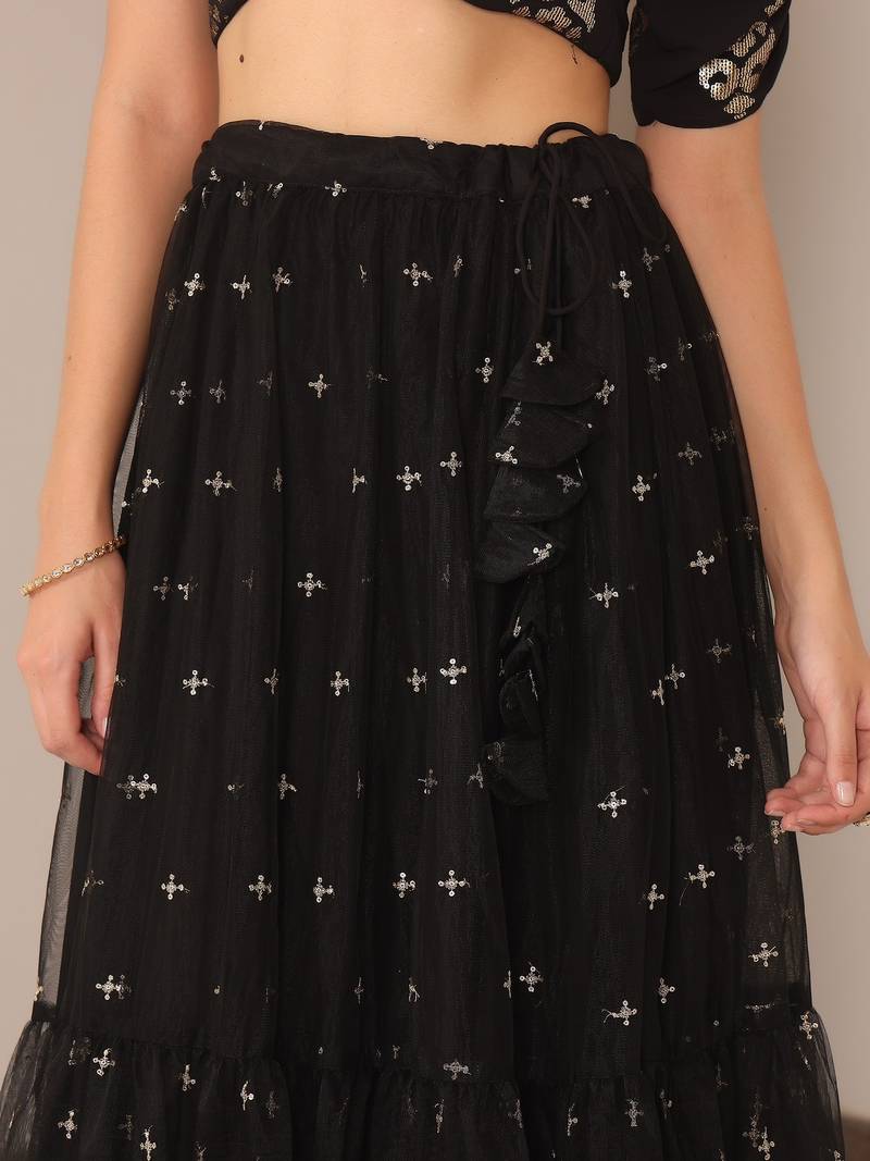 Ready To Wear Black Georgette Embroidered Lehenga Set