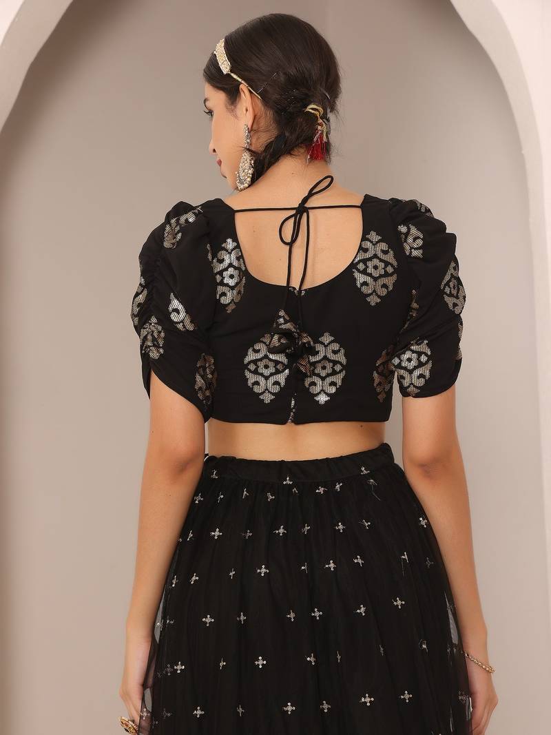 Ready To Wear Black Georgette Embroidered Lehenga Set