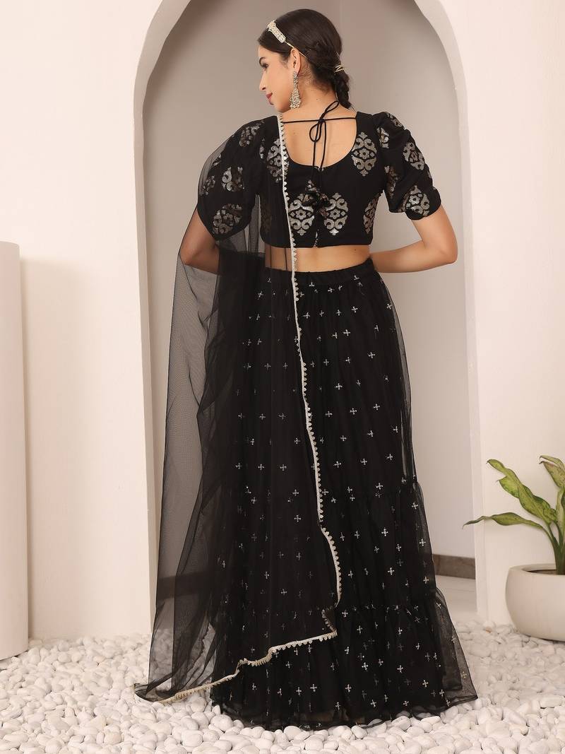 Ready To Wear Black Georgette Embroidered Lehenga Set