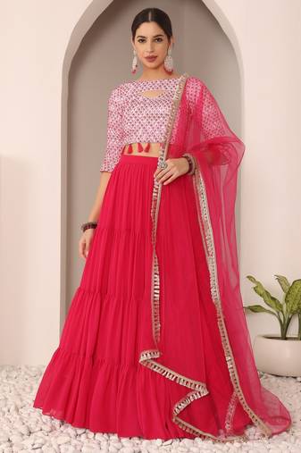 Ready To Wear Pink N Off White Embroidered Tiered Lehenga Set