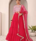Ready To Wear Pink N Off White Embroidered Tiered Lehenga Set