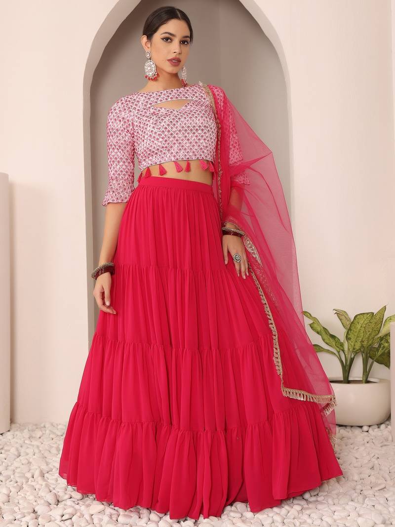 Ready To Wear Pink N Off White Embroidered Tiered Lehenga Set