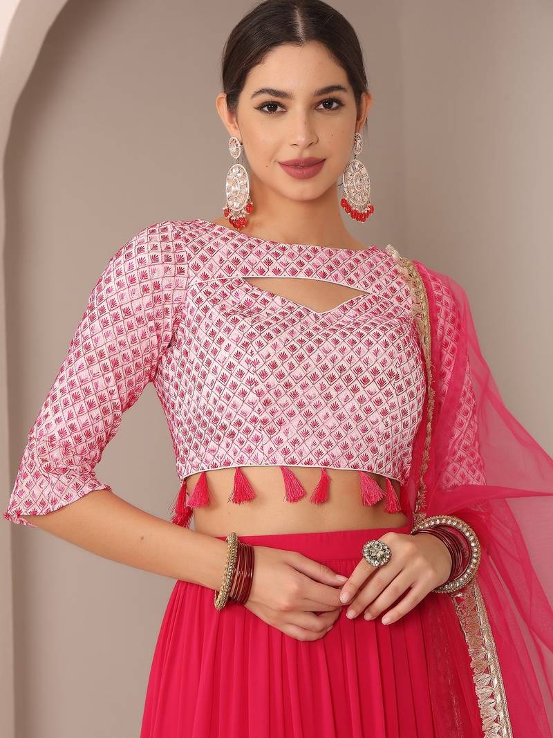 Ready To Wear Pink N Off White Embroidered Tiered Lehenga Set