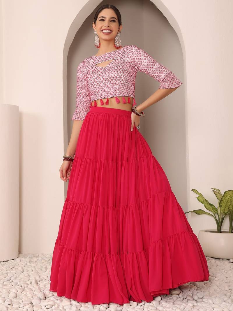 Ready To Wear Pink N Off White Embroidered Tiered Lehenga Set