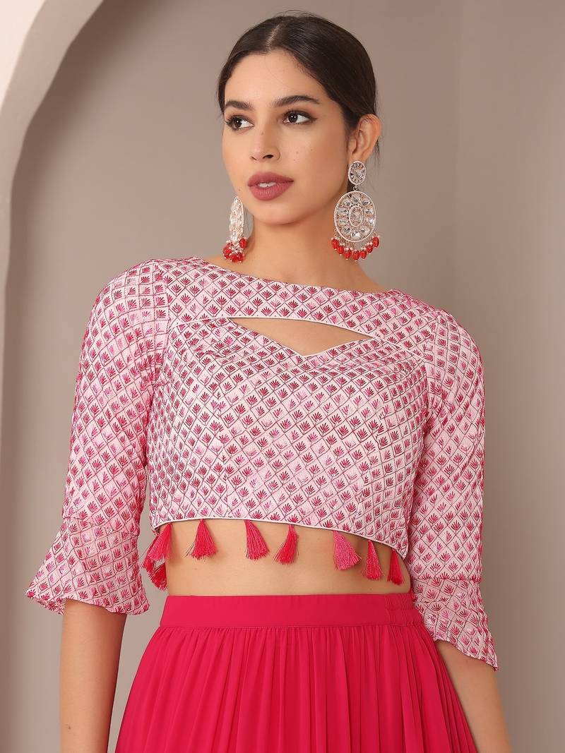 Ready To Wear Pink N Off White Embroidered Tiered Lehenga Set