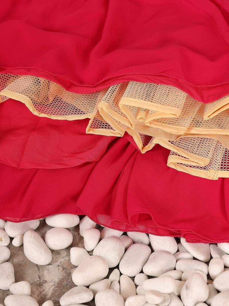 Ready To Wear Pink N Off White Embroidered Tiered Lehenga Set