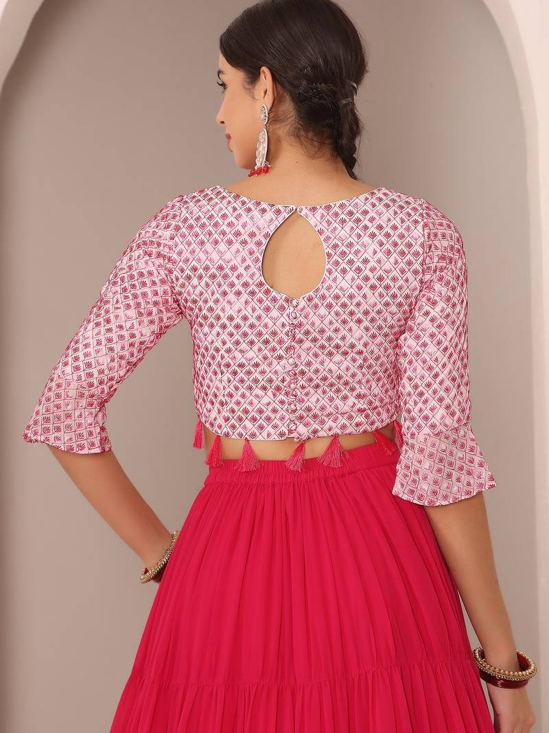 Ready To Wear Pink N Off White Embroidered Tiered Lehenga Set